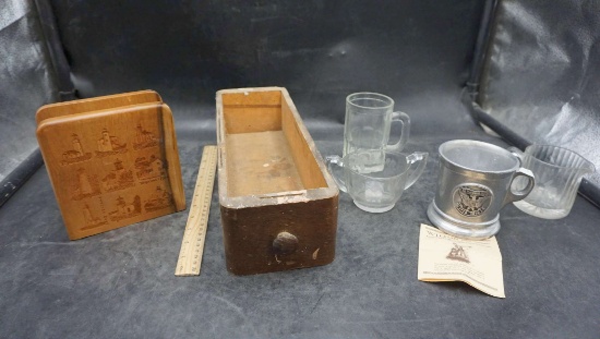 Wooden Drawer, Cream & Sugar, Beer Glass, Wilton Brass Co Cup & Napkin Holder