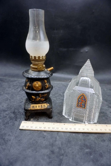 Glass Church & Burner Oil Lamp