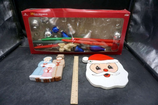 Glass Ornaments, Candles, Wooden Caroling People & Wooden Santa