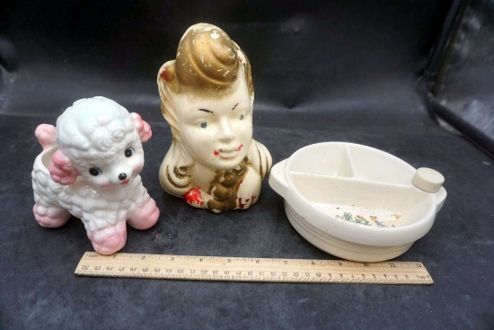 Puppy Planter, Divided Dish & Lady Sculpture