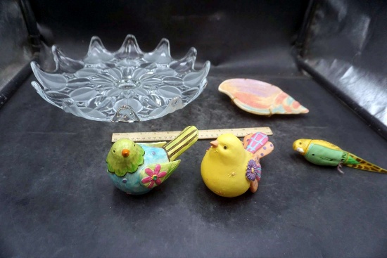 Glass Cake Stand, Shell Plate, Bird Figurines