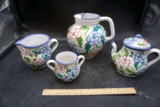 Floral Pitcher, Creeamer, Sugar & Teapot (Made In Portugal)