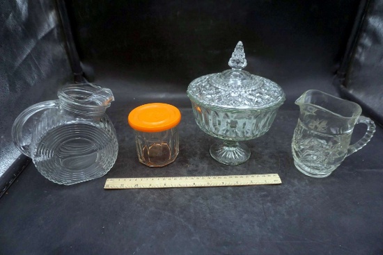 Glass Candy Dish, Glass Pitcher & Glass Jar