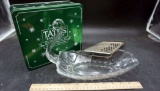 Tate'S Bake Shop Tin Container, Glass Swan Tray & Grater