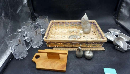 Glass Cups, Basket, Wooden Stand, Pewter Fruit Shakers, Cat Figurines, Mini Cake Pans