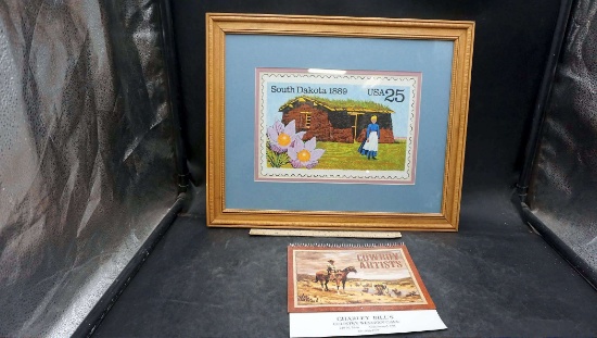 Framed South Dakota 1889 U.S.A. 25 Stamp Picture & Cowboy Artists 2001 Calendar