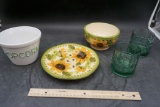 Popcorn Bucket, Sunflower Plate & Bowl, Glasses
