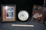 Framed Mobilgas Advertisement, Cow Clock & Taz Picture