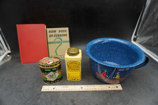 Books, Talcum Powder Container, Spice Tea Container & Enamel Bowl ...
