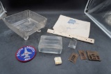 South Dakota Ang Patch, Footed Glass Dish, Bank Bag, Metal Bank Parts