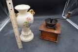 Painted Floral Vase & Wooden Coffee Grinder (Corner Is Damaged)