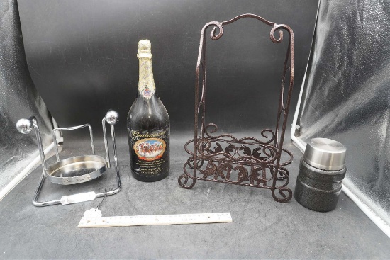 Bottle Older, Budweiser Bottle, Metal Caddy & Thermos