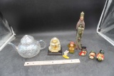Glass Teapot & Figurines (Wiseman, Monkey, Snowmen, Angel & Nutcracker)