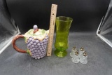 Grape Pitcher (Portugal), Green Glass Vase & Glass Shakers (4)