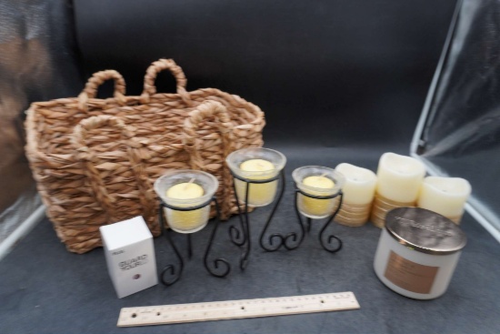 Basket, Candles (One From White Barn), Candle Holders