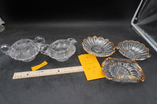 Gold Trim Dishes (Set Of 3) & Cut Glass Cream, Sugar