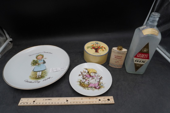 Gin Bottle, Painted Plates, Talcum Powder & Poudre De Toilette Container