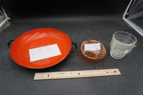 Vintage Fire King Clear Scalloped Cups, Carnival Glass Marigold Bowl, Vintage Saute Pan From Italy?