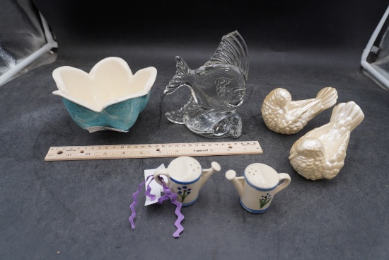 Blue Speckled Bowl, Glass Fish (Chipped), Bird Figurines, Shawnee Shakers,