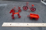 Small Red Metal Toys - Bikes, Wagon & Horse On Wheels