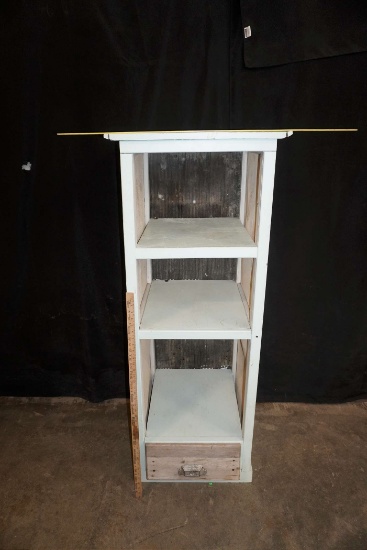 Wooden Primitive Shelf W/ Bottom Drawer & Metal Backside