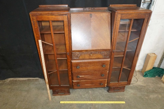 Art Nouveau Writing Desk Wooden Cabinet W/ 2 Glass Front Doors On The Sides- Veneer Is Sad