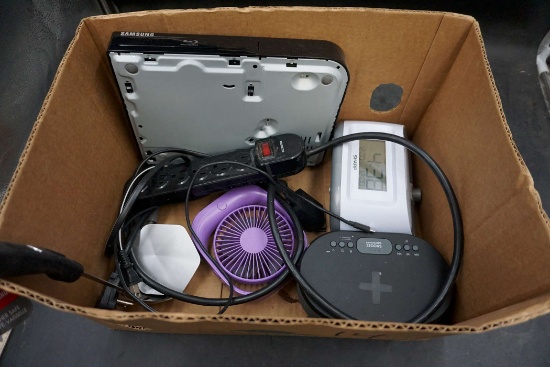 Purple Fan, Sharp Clock, Alarm Clock, Samsung Dvd Player, Power Strip