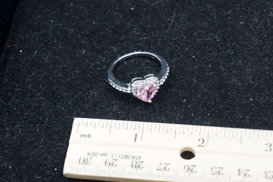 Silver-Toned Ring W/ Pink & White Stones
