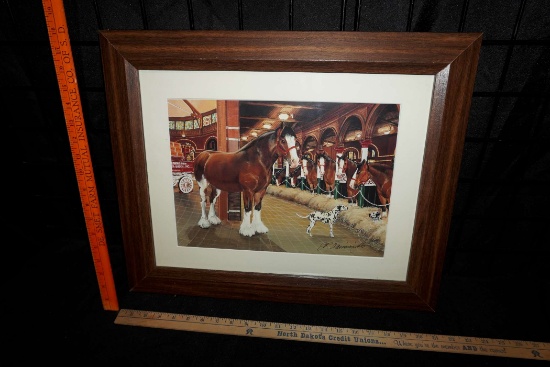 Framed Budweiser Clydesdales & Dalmatians Picture