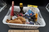 Plastic Bin W/ Circle Cutter, Water Pressure Regulator, Scissors, Putty Knife, Padlock & Other Tools