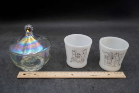 Glass Candy Dish & 2 Glasbake Mugs