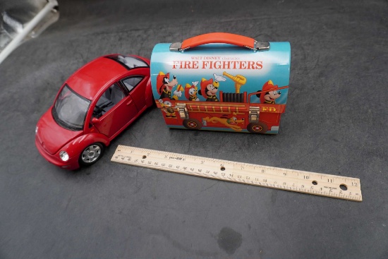 Red Volkswagen Beetle & Walt Disney Firefighters Tin