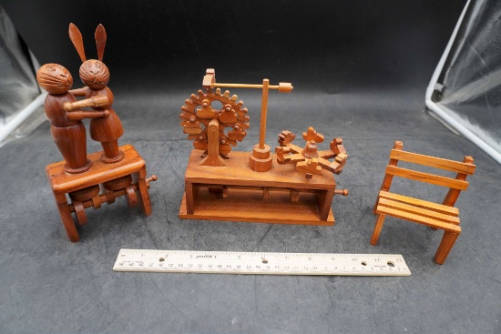 3 Wooden Items - Rabbits, Gears & Bench