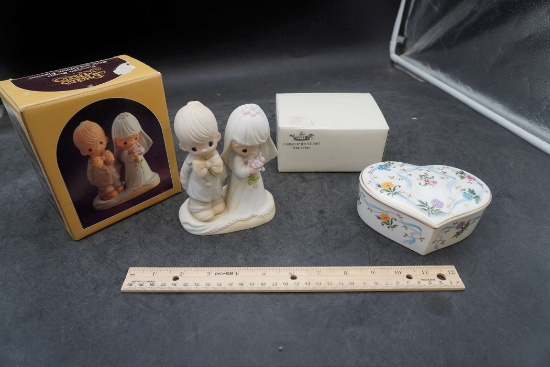 Precious Moments Figurine & Christopher Stuart Bone China Floral Ribbon Covered Heart Box