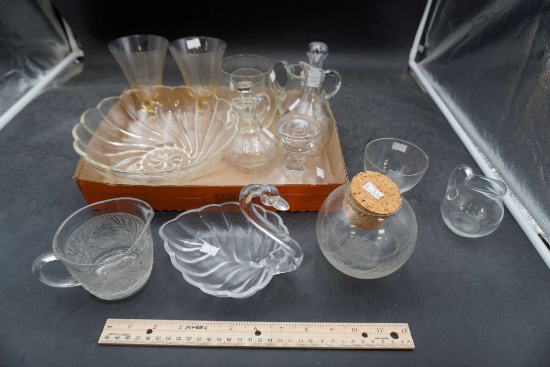 Glass Pitcher, Swan, Bowls, Glasses, Cruets, Creamer