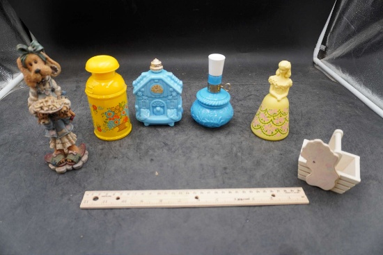 Cologne Bottle Decanters, Basket & Figurine