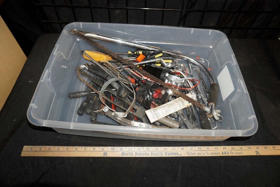 Plastic Tub W/ Saws, Screwdrivers, Wrenches & More Tools