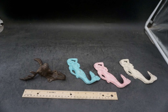 Cast Iron Hook Hangers - Moose (1) & Mermaids (3)