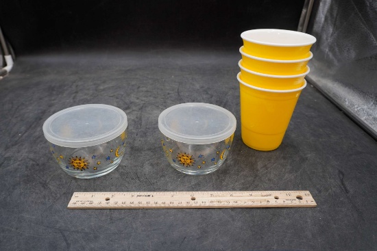 Glass Sun Food Storage Containers & Yellow Drink Cups