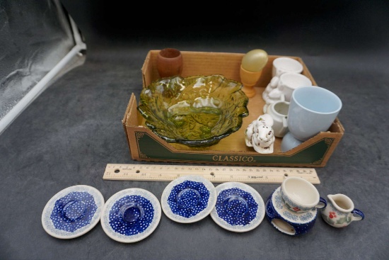 Green Glass Bowl, Cream, Sugars, Plates