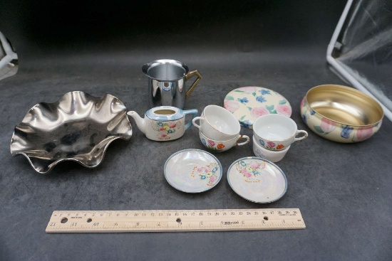 Ruffle Bowl, Cream, Tin Container, Cup & Saucers, Teapot