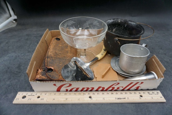 Glass Compote, Pot, Norge Cheese Slicer, Tin Cup, Plate, Kit