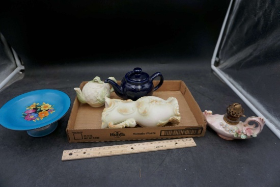 Oil Lamp, Blue Dish, Teapots & Vase
