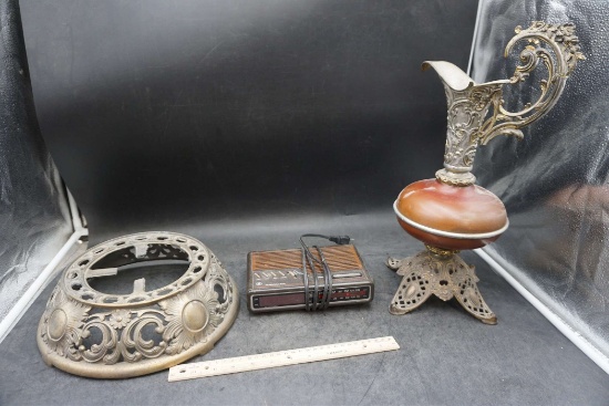 Metal Base, G.E. Alarm Clock Radio, Ornate Vase (Broken)