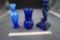 2 Blue Glass Vases & Imperial Blue Glass Fish Candlestick