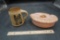 Saddleback Oysters Stoneware Mug (U.S.A.) & Pink W/ Gold Dish W/ Lid