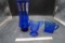 Blue Glass Vase & 2 Blue Glass Creamers