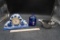 Blue Glass Bottle, White & Blue Mantle Clock & Metal Gravy Boat
