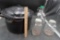 Enamel Pan, Glass Thumb Jug & 2 Glass Containers