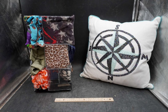 Plastic Spinning Organizer (Chipped) W/ Assorted Scarves & Compass Pillow